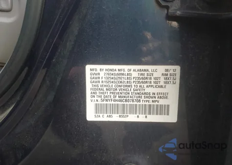 2012 Honda Pilot Ex z USA, uszkodzony, nr VIN 5FNYF4H46CB078708